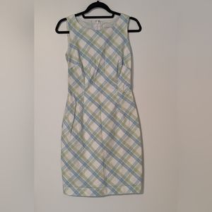 Liz Claiborne Pastel Plaid Fitted Blue Green Sleeveless Sheath Dress Size 4